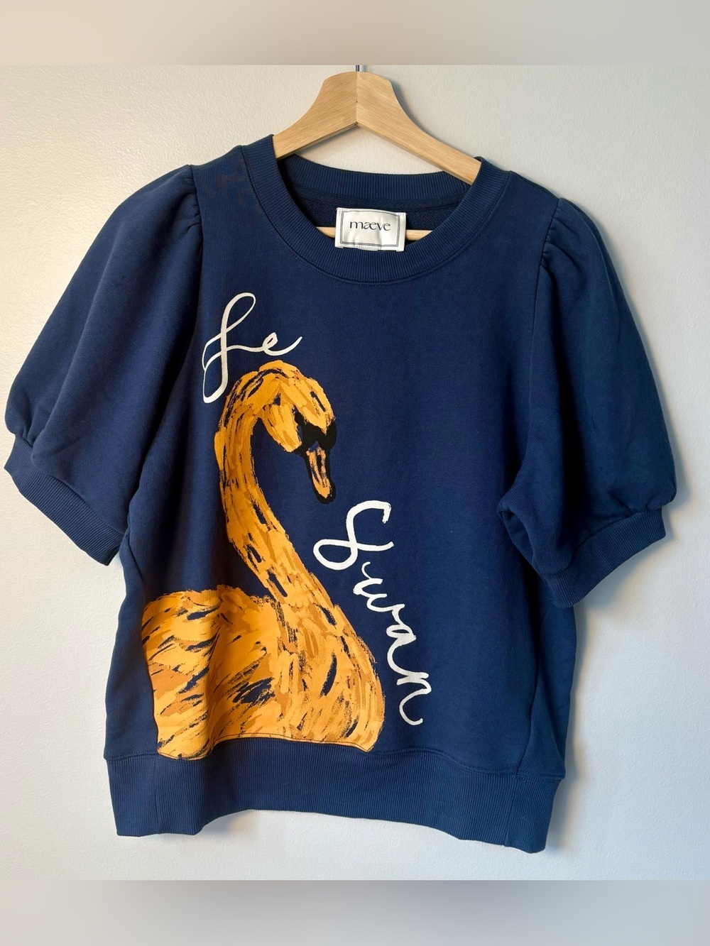 Anthropologie Maeve Puff-Sleeve Swan Pullover Sweatshirt Navy Blue-size small